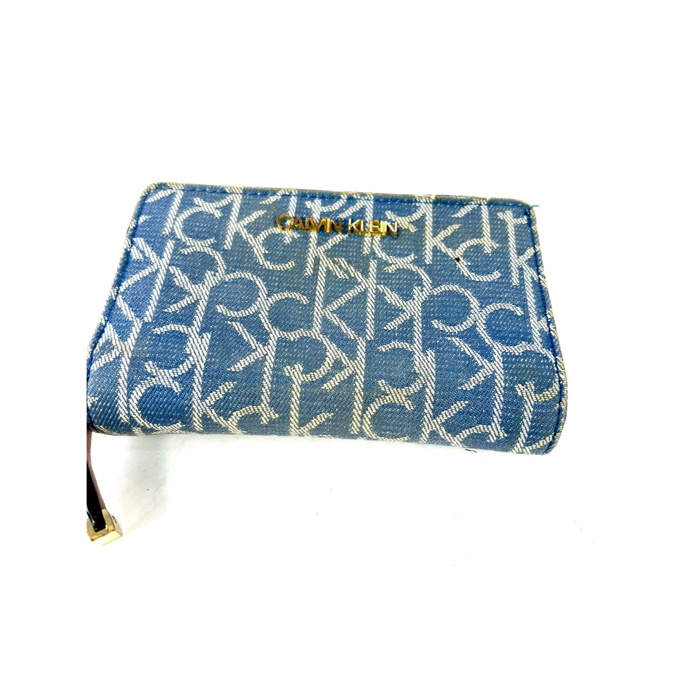 Calvin Klein Blue Monogram Denim Bifold Wallet Gold Logo Snap Closure